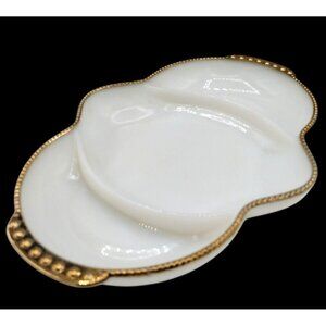 Divided Relish Tray Fire King White Milk Glass Gold Bead Trim Vintage 11 Inch